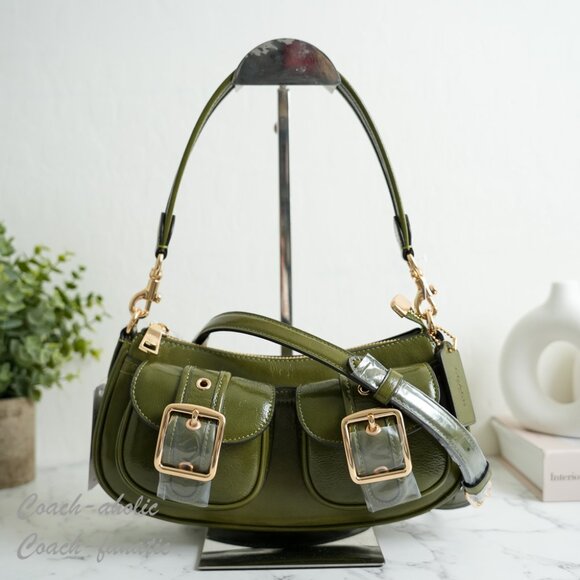 Coach CBJ01 Ashton Shoulder Bag In Shiny Crinkle Leather Gold/Olive Green - Picture 1 of 11